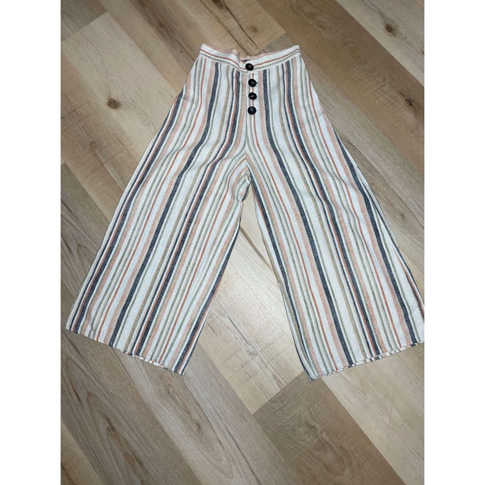 Stradivarius Linen Blend Striped Wide Leg Culotte Pants High Waist Size 4 - Picture 2 of 13
